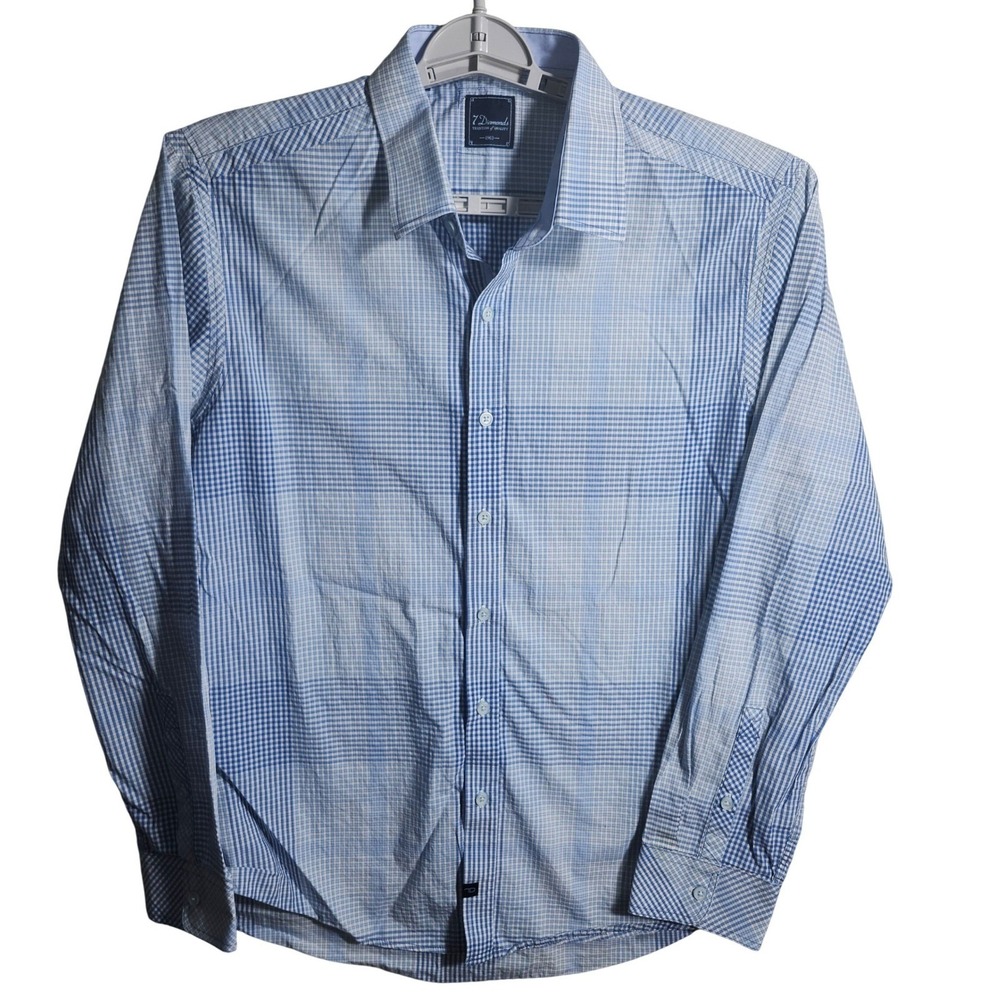 7 Diamonds Mens XL Blue Gingham Check Long Sleeve Button Down Shirt Cotton